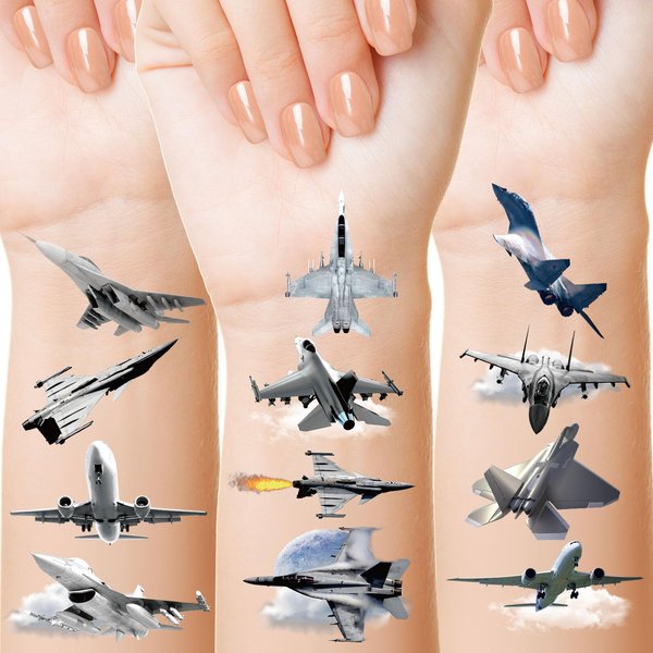 VercanMonth 18 Sheets 288 Pcs Fighter Jet Temporary Tattoos Themed Party Favors Supplies Fighter Jet Stickers for Boys Girls Body Art School Gifts Prizes Rewards Birthday Party Decorations