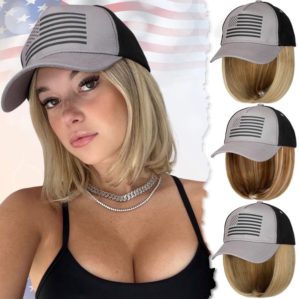 Qlenkay American Flag Hat Wig USA Flag Adjustable Baseball Cap Attached with 14" Hair Extensions Straight Bob Synthetic Hairpiece for Women Ginger Blonde Mix Bleach Blonde