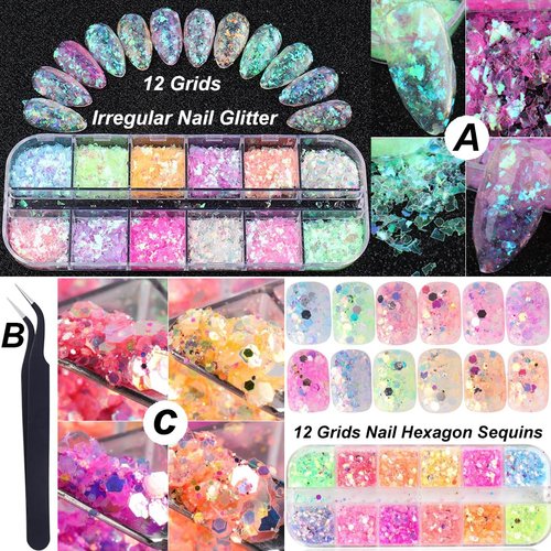 Holographic Nail Art Glitter Iridescent Flakes Nail Foil 12 Grids and Mermaid Flake Nail Glitter Sequins 12 Grids,Colorful Fluorescent Glass Acrylic Nails Supplies Sticker for Make Up DIY Decoration