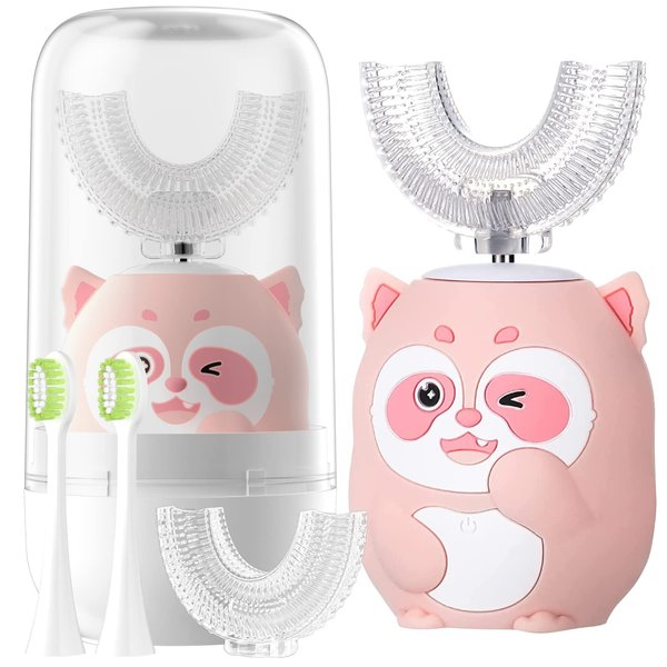 ELOTAME U Shaped Toothbrush Kids Electric Rechargeable Automatic with 4 Brush Heads with 6 Cleaning Modes Childrens Teeth Cleaning Ultra Soft Cartoon Design(Age 8-15, Pink Raccoon)