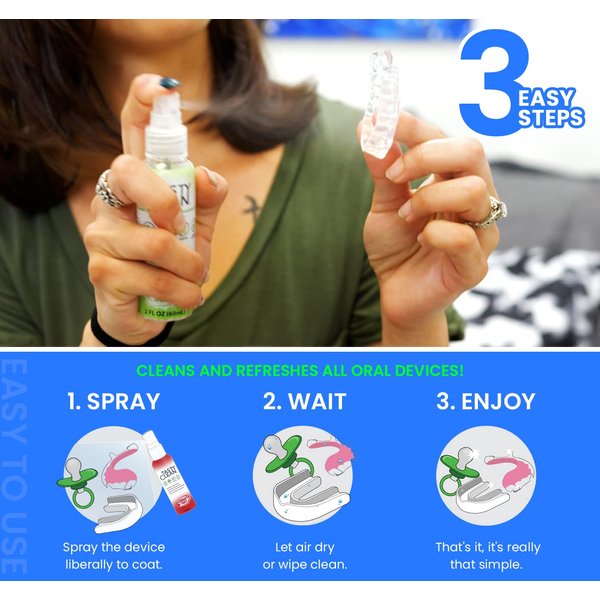 TASTY CLEAN 2oz Simply Mint Flavored MULTI-USE Cleaner For Dentures, Retainers, Clear Aligners, Mouth Guards, Teeth Straighteners, Teething Toys, Night Guards, Dental Appliances (Simply Mint)