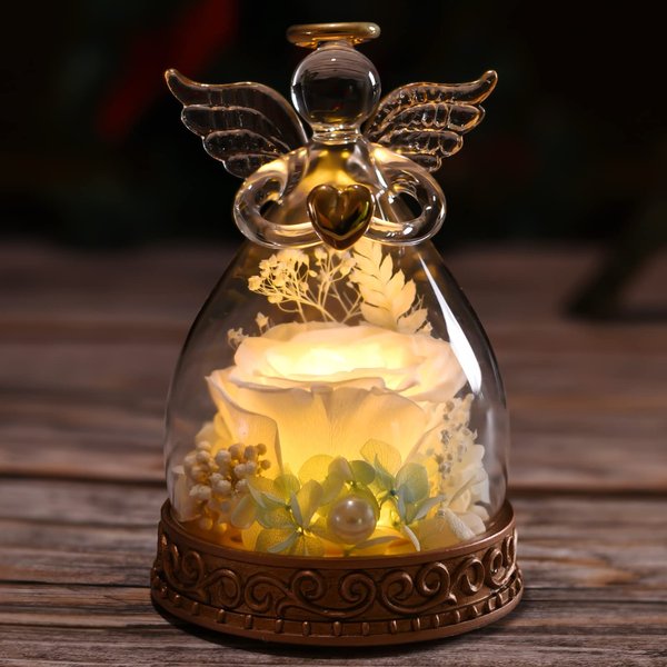 Aastin Angel Gifts for Women, Mom, Grandma, Preserved Real Rose in Glass Angel Figurine with LED Light, 1PSC Rose Gifts on Christmas, Birthday, Mother's Day, Valentine's Day (White)