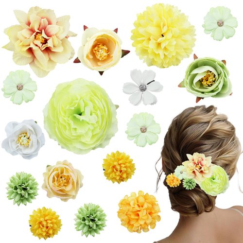 Naturahand 16 PCS Flowers Hair Clips for Women and Girls, Hawaiian Hair Barrettes Artificial Floral Accessories for Beach Luau Party and Boho Headpiece Decor (Green, Yellow)