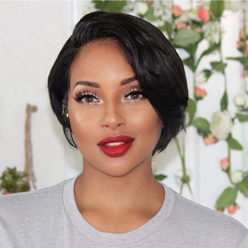 DÉBUT Human Hair Pixie Wig Side Part Lace Front Wigs with Side Fringe Swept Bangs Short Pixie Cut Wig 1B Color