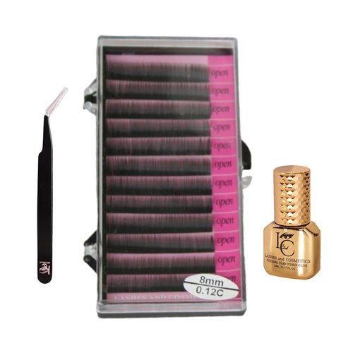 Eyelash Extensions C Curl 8mm Mixed Single Mink Lash Tray With Eyelash Glue and Tweezer, supplies Individual Eyelashes Salon Use Black Mink False Lashes