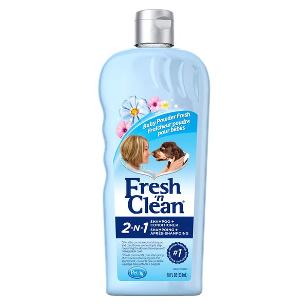 Pet-Ag Fresh ’n Clean 2-N-1 Conditioning Shampoo, Baby Powder Scent - 18 oz - Moisturizes with Vitamin E & Aloe Vera - Strengthens & Repairs Coats - Soap Free