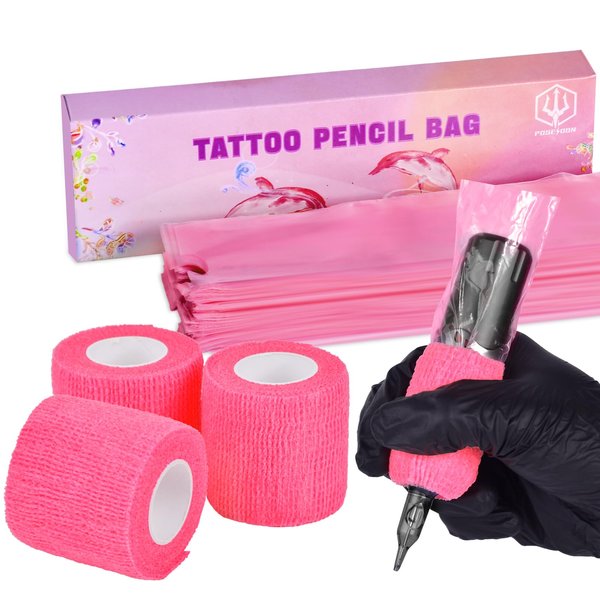 POSEIDON 3Pcs Tattoo Grip Wrap Roll Bandage and 200Pcs Tattoo Machine Covers Disposable Tattoo Machine Bag, Tattoo Accessories Set Tattoo Pen Bag Tattoo Accesories Supply Tattoo Supplies