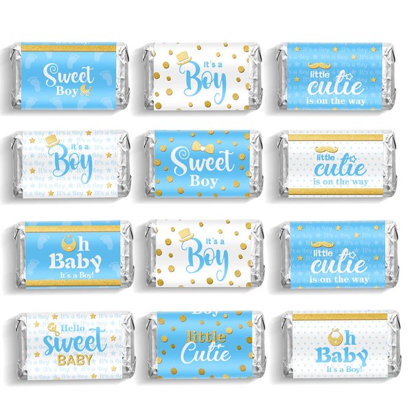 Baby Shower Candy Wrappers, Shower Mini Candy Bar Miniatures Wrappers Chocolate Bar Label Stickers for Boys Girls Kids Baby Shower Decor (No Candy)(Blue Boy Style, 90 Pieces)