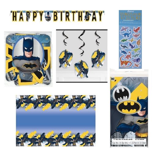 Batman Birthday Party Supplies Decoration Bundle includes Birthday Banner, Table Cover, Hanging Swirl Decorations, 1 Dinosaur Sticker Sheet