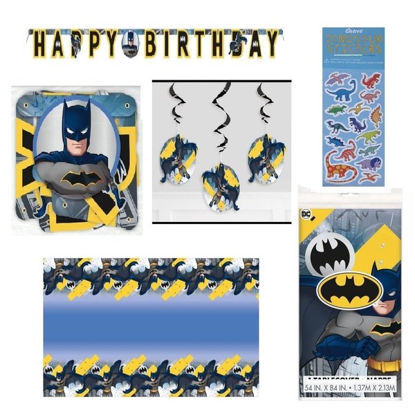 Batman Birthday Party Supplies Decoration Bundle includes Birthday Banner, Table Cover, Hanging Swirl Decorations, 1 Dinosaur Sticker Sheet