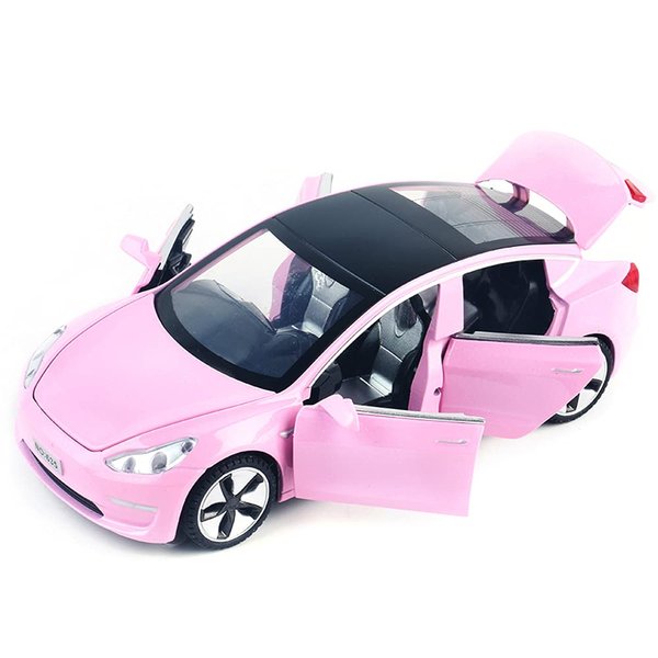 1:32 Scale Model 3 Car Toy Pull Back with Sound and Light, Alloy Diecast Mini Vehicles Toys for Kids Gift or Tesla Car Model Collection Enthusiasts Gift (Lovely Pink)