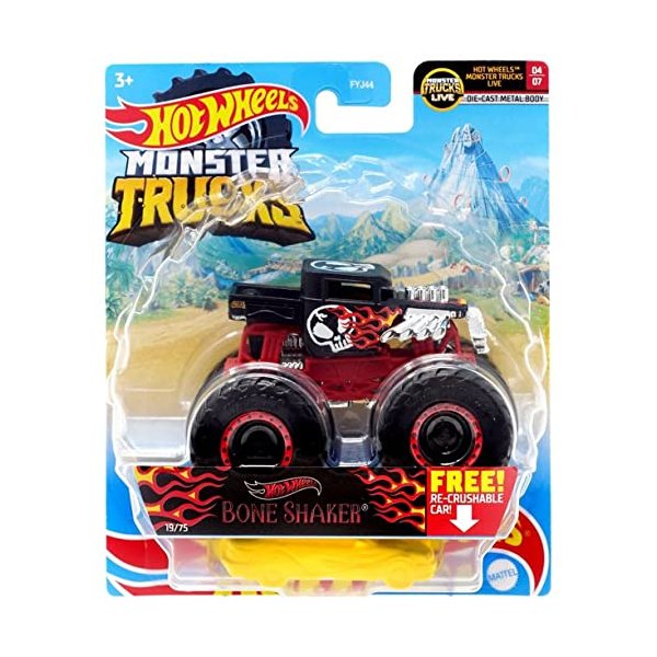 DieCast Hot Wheels Monster Trucks Bone Shaker (Black/Red), 19/75 with re-Crushable car (1:64 Scale)
