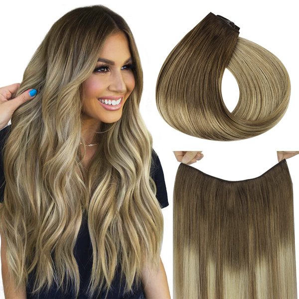 HOTBANANA Wire Hair Extensions, 12 inch 70g Walnut Brown to Ash Brown and Bleach Blonde Fish Line Hair Extensions Real Human Hair Straight Invisible Wire Hair Extensions Remy Hair Extensions