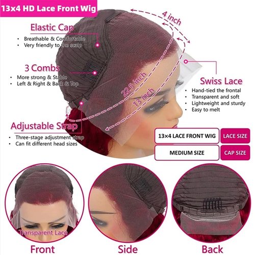 HD Lace Front Wigs Human Hair 24Inch 99j Burgundy Wig Human Hair 13x4 HD Straight Lace Frontal Wigs Human Hair 180% Density Wine Red Wig Human Hair Glueless Wigs Human Hair Pre Plucked(#99J,24Inch)
