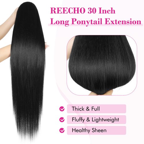 REECHO Ponytail Extension Drawstring Long Straight Ponytail Extensions 30” Natural Silky Soft Clip in Ponytail Hair Extensions Synthetic Hairpiece for Women, Black