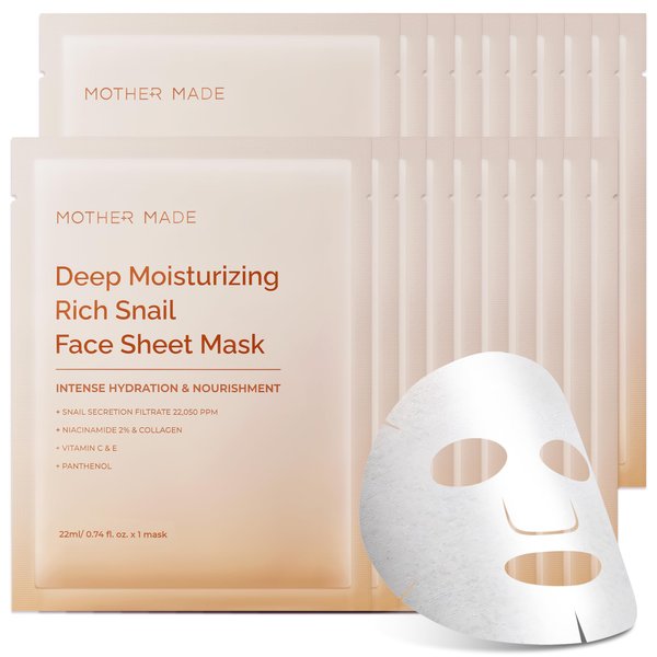 MOTHER MADE Moisturizing Snail Mucin Face Masks 20EA, 22,050ppm Snail Secretion Filtrate, Collagen, Niacinamide 2%, Vitamin C&E | Snail Serum Sheet Mask for Dry, Sensitive Skin, Korean Skincare
