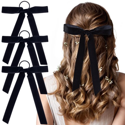 HINZIC 3Pcs 9inch Velvet Hair Bows Black Ribbons Elastic Velvet Scrunchies Hair Ponytail Holder Valentines Headbands Back to School Gift Wedding Prom Accessories for Women Teen Girls
