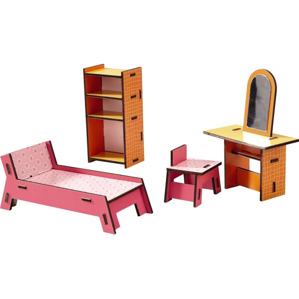 HABA Little Friends Beauty Corner - 4 Pc Dollhouse Furniture Set with Bed & Vanity
