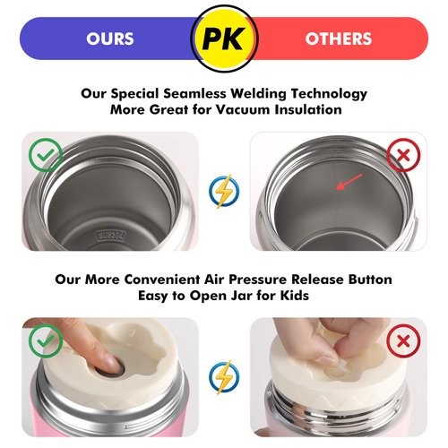 DaCool Food Thermos for Kids With Handle 16 Ounce Insulated Lunch Containers Leakproof Thermos for Food Lunch Soup Vacuum Stainless Steel With Folding Spoon Lunch Box for Kids School Outdoors Pink