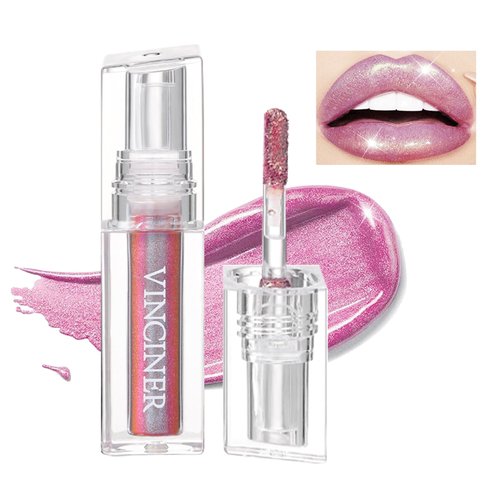 MIESCHER Pink Glitter Lip Gloss Lipstick, Diamond Shiny Shimmer Liquid Lipstick Long Lasting Smudge-Proof Metallic Sparkling Glitter Lipstick & Eyeshadow, Aurora Glossy Lip Gloss Makeup For Women(06#)