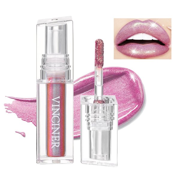 MIESCHER Pink Glitter Lip Gloss Lipstick, Diamond Shiny Shimmer Liquid Lipstick Long Lasting Smudge-Proof Metallic Sparkling Glitter Lipstick & Eyeshadow, Aurora Glossy Lip Gloss Makeup For Women(06#)