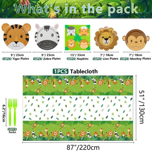 Jungle Safari Party Decorations - Include Animal Shaped Plates, Safari Tablecloth, Napkins, Forks, Safari Theme Party Supplies for Kid's Birthday, Baby Shower, Jungle Animal Theme Party, Serves 20