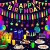 Neon Happy Birthday Party Supplies Glow Party Decorations-Happy Birthday Banner, Glow Balloons, Neon Paper Tassels, Neon Triangle Flag Glow in The Dark Party Supplies Glow Bunting Glow Hanging Stars