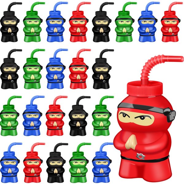 Layhit 24 Pcs Ninja Birthday Supplies Party Favor Cups Ninja Plastic Shape Plastic Cup,10 oz Ninja Cups Reusable Creative Cups Bulk for Ninja Birthday Party Favors(Red Black Blue Green)