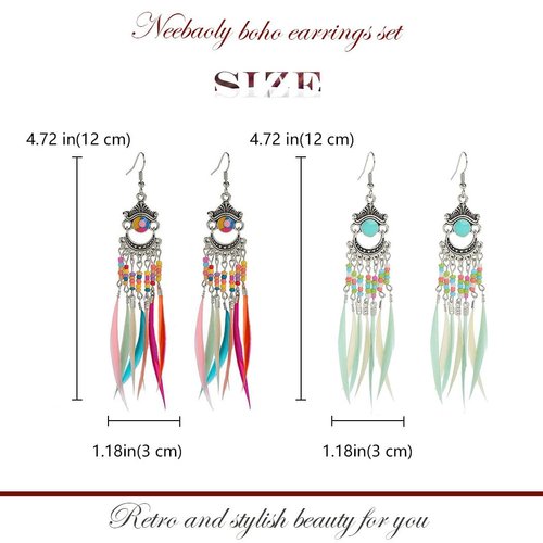 Efdagsad Bohemian Earrings Set Feather Tassel Silver Ethnic Retro Boho Dangle Earring Bead Women Teen Girls Jewelry for Birthday Party Gifts