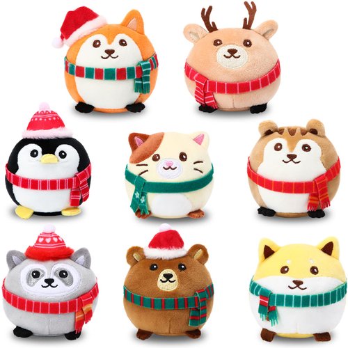 Aoriher 8 Pcs Christmas Mini Plush Animals Soft Toys 3.15 Inch Stuffed Animals Ornaments Bulk Colorful Woodland Animal Keychain Decor for Christmas Xmas Party Favor(Cap and Scarf)