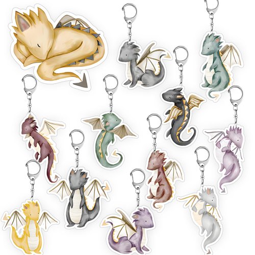 qhqqwzxqc 12 PCS Dragon Keychain, Watercolor Dragon Party Favors Magical Dragon Birthday Party Decoration Whimsical Dragon Party Supplies Dragon Key Ring for Kids Classroom School Prizes Rewards