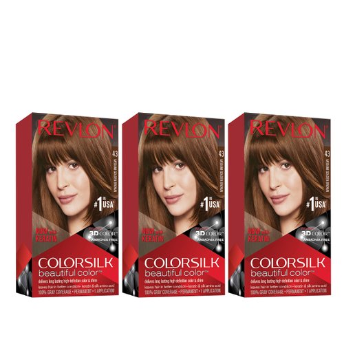 Revlon Permanent Hair Color, Permanent Hair Dye, Colorsilk with 100% Gray Coverage, Ammonia-Free, Keratin and Amino Acids, 43 Medium Golden Brown, 4.4 Oz (Pack of 3)