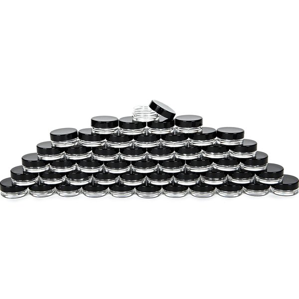 Vivaplex, 50, Clear, 3 Gram Plastic Pot Jars, Cosmetic Containers, With Black Lids.