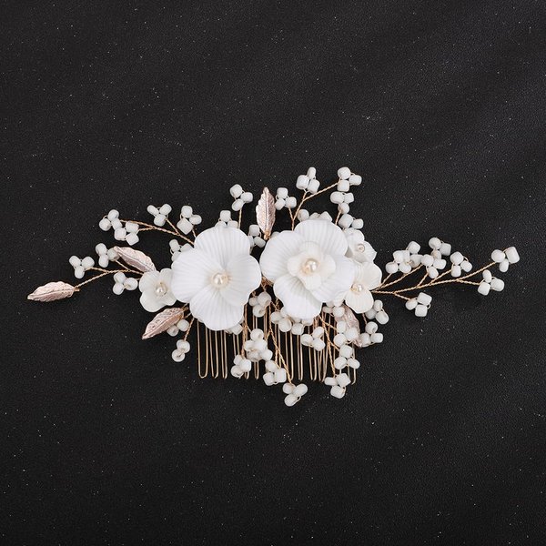 Teyglen Flower Bride Wedding Hair Comb Bridal Leaf Pearl Beads Hair Piece Bridal Gold Silver Flower Headpiece Floral Hair Accessories for Women Flower Girls (Gold)
