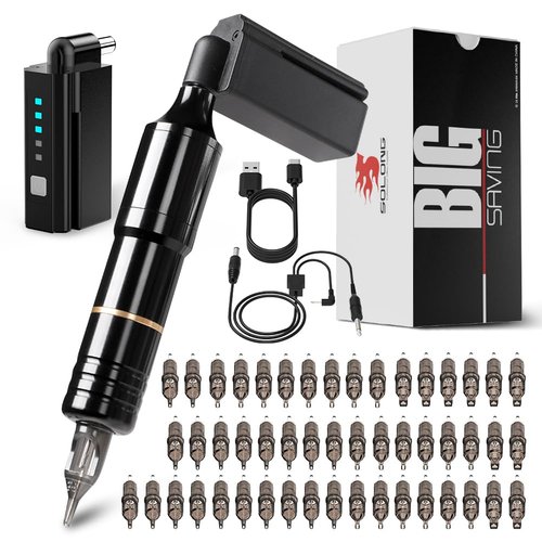 Solong Tattoo Pen Kit Rotary Tattoo Gun Machine with Wireless Tattoo Power Supply 50Pcs Cartridge Tattoo Needles EM128KITPRD50-1-US