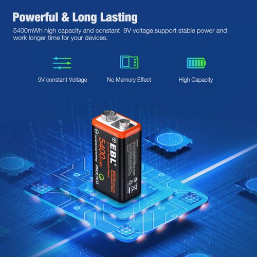 EBL USB Rechargeable 9V Lithium Batteries - 5400mWh Long Lasting LI-ion Batteries with Micro Charging Cable - Quick Charge in 2 Hours (4 Pack)