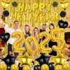 Black Gold Happy New Year Decorations 2025 Happy New Year Letter Foil Balloons Gold Fringe Curtains Backdrop Pom Poms Balloons Arch Garland Kit for New Years Eve Party Favors Supplies
