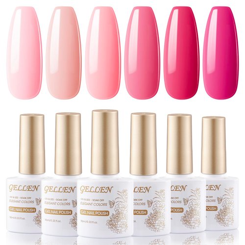 Gellen Pink Gel Nail Polish Kit - 6 Colors Hot Pink Series Rose Peach Magenta Tone, Classic Bright Pink Red Nail Gel Shades Soak Off Nail Art Home DIY Gel Manicure Set Valentine