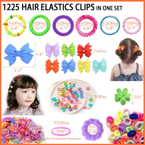 1225Pcs+ Baby Girls Hair Ties Seamless Cotton Elastics Hair Bands Colorful Mini Rubber Tie Butterfly Hair Clips Flower Claws Assorted Ponytail Holders Soft for Thin Hair Braids Kids Toddler Little One