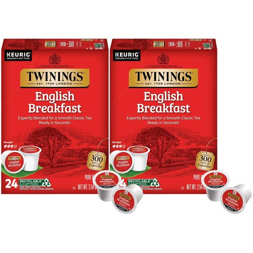 Twinings English Breakfast Tea Single Serve K-Cup Pods for Keurig, Caffeinated, Smooth, Flavourful, Robust Black Tea, 24 Count (Pack of 2)