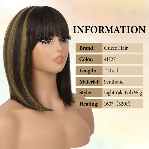 Guree Hair 12 Inch Light Yaki Bob Wigs for Black Women Wear And Go Glueless Wig Short Straight Blunt Cut Bob Wig With Bangs Natural Hairline Synthetic Bangs Wig for Daily Party Use(Highlight)
