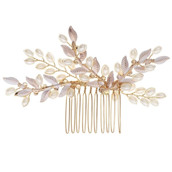 Leaf Bridal Hair Clip for Women White and Gold Wedding Hair Side Comb for Bride Wedding and Party