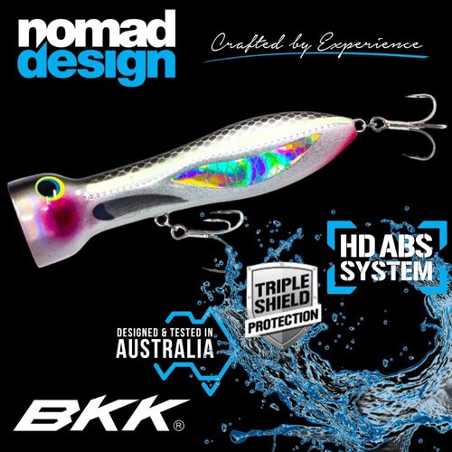 Nomad Design Chug Norris Popper - Offshore Saltwater Fishing Lure with Hydrodynamic Design, 3.75" Floating, BKK 4X Trebles Hook, 3/4oz - Calypso