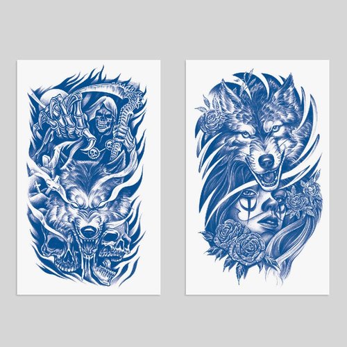 Oottati 2 Sheets Semi Permanent Waterproof Temporary Tattoos, 2 Weeks Long Last, 100% Plant-Based Ink Infinity Realistic Stickers, Wolf Skull Death