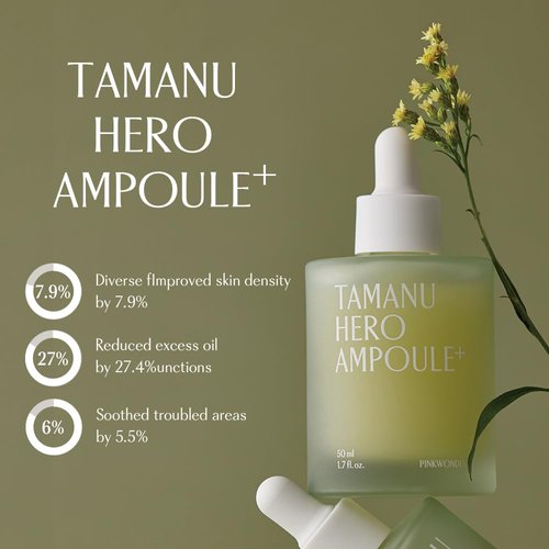 PINKWONDER Tamanu Hero Ampoule⁺ 1.69oz (50ml), Tamanu Oil and Green Tea Wate for Acne Treatment, Daily Face Serum with Soothing and Refreshing, Korean Skincare