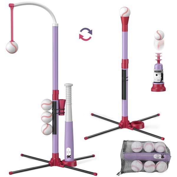 Wee Wonders 3-in-1 T Ball Set - Adjustable Height, Hanging Tee Ball Set with Automatic Pitching Machine/6 Balls/Retractable Bat, T Ball Stand Suit for Outdoor, Sport Toys Gifts for Kids Girls Age 3+