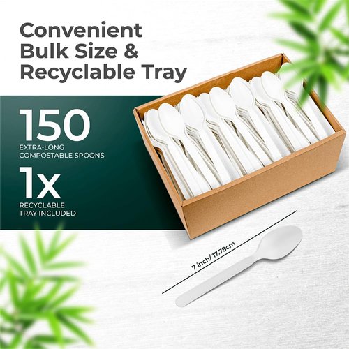 KOALALOVE-spoons-150pc.100% Compostable Spoon - (7 in.) Bulk Size Eco Friendly Durable and Heat Resistant Alternative to Plastic Forks with Convenient Tray.