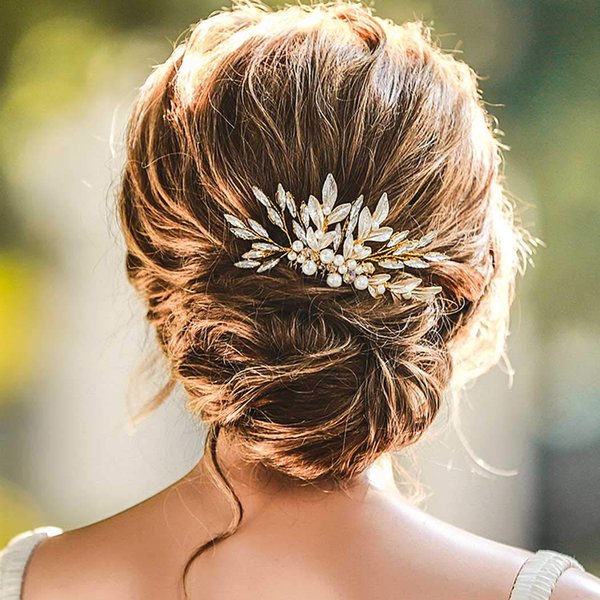 Unicra Bride Wedding Gold Leaf Hair Comb Crtstal Bridal Headpiece Bridesmaids Pearls Hair Accessories for Women and Girls (Gold)