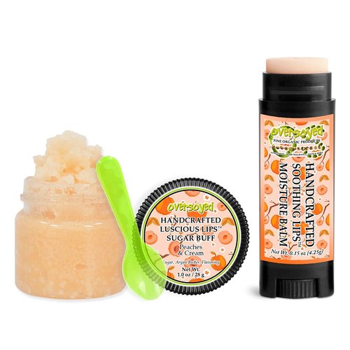 Peaches & Cream Soothing & Luscious Lips by OverSoyed Exfoliator & Chapped Lip Repair Lip Care Combo | Artisan Handcrafted to Order Peach Apricot Coconut Milk Sweet Sugary Vanilla Flavored Exfoliating Sugar Lip Scrub & Lip Moisturizer Balm Gift Set