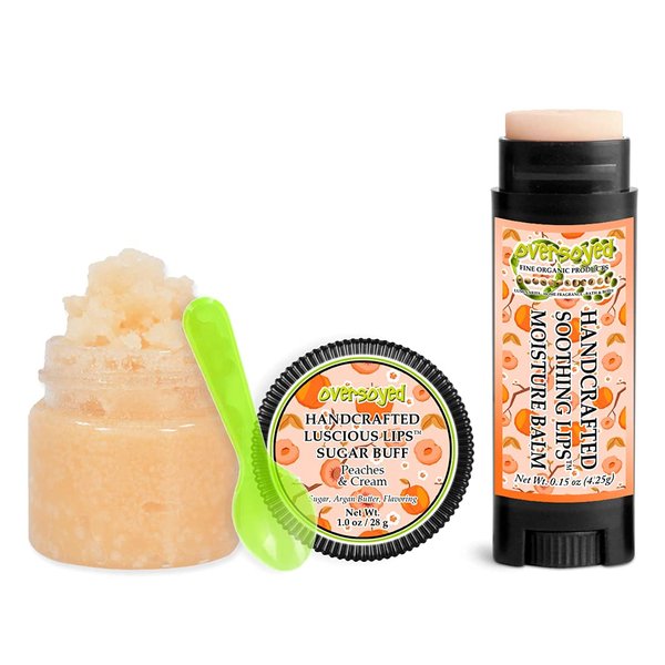 Peaches & Cream Soothing & Luscious Lips by OverSoyed Exfoliator & Chapped Lip Repair Lip Care Combo | Artisan Handcrafted to Order Peach Apricot Coconut Milk Sweet Sugary Vanilla Flavored Exfoliating Sugar Lip Scrub & Lip Moisturizer Balm Gift Set